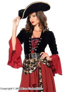 Female pirate captain, costume dress, lacing, velvet, epaulette, skulls